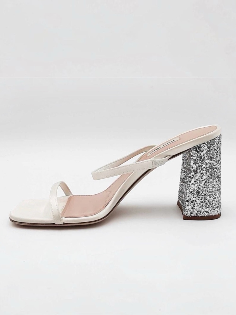 Miu Miu Satin Raso Glitter Block Heel Sandals 39 White Argento